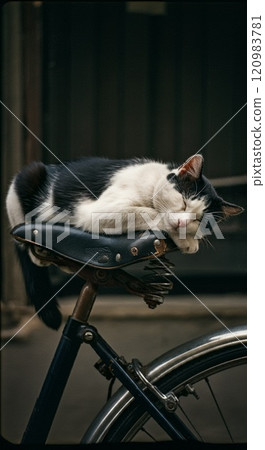 貓睡在自行車鞍座上 120983781