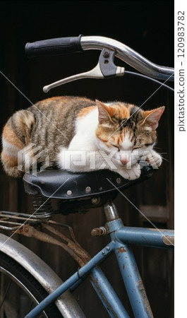 Cat sleeping on a bicycle saddle 120983782