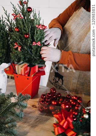 Hands decorating a small potted Christmas tree with ornaments and ribbons. Showcasing personalized holiday crafts and handcrafted gift ideas. 120983831