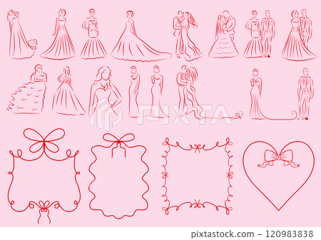 Whimsical coquette Wedding red and pink line set. Single one line drawing happy cute married man and woman. Bridal an groom. Modern graphic design concepts. Vector illustration Whimsical coquette Wedding red and pink line set. Single one line drawing happy cute married man and woman. Bridal an groom. Modern graphic design concepts. Vector illustration 120983838