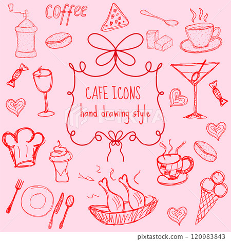 Collection Whimsical coquette of hand-drawn pictures of coffee cups. 120983843