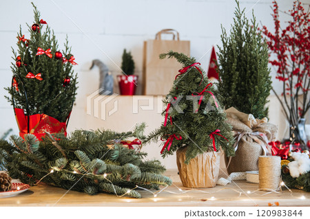 Potted mini Christmas tree with red ribbons, surrounded by natural materials and holiday wreaths. Embraces nature-inspired holiday decor and rustic styling. 120983844