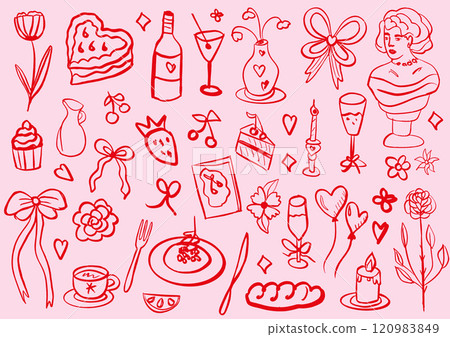 Whimsical coquette food and wine red and pink background. La dolce vita concept. Design elements for Valentines Day greeting cards, wedding invitations, birthday. Vector illustration Whimsical coquette food and wine red and pink background. La dolce vita concept. Design elements for Valentines Day greeting cards, wedding invitations, birthday. Vector illustration 120983849