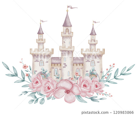 Watercolor illustration of a fairytale Castle with pink Flowers and greenery. Drawing for children decor, nursery posters, birthday cards, or princess invitations. Whimsical and magical fortress. 120983866