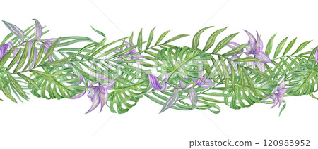 Watercolor tropical green purple leaves horizontal seamless banner. Hand painted tradescantia, palm, and monstera foliage pattern. Floral illustration for textile, holiday package, kitchen canvas Watercolor tropical green purple leaves horizontal seamless banner. Hand painted tradescantia, palm, and monstera foliage pattern. Floral illustration for textile, holiday package, kitchen canvas 120983952