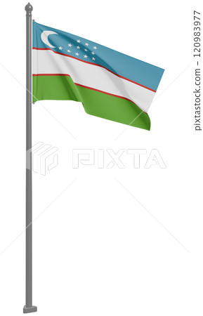 3D illustration of the fluttering flag of the Republic of Uzbekistan (front view) 120983977