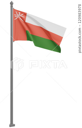 阿曼飄揚的國旗 3D 插圖（前視圖） 120983978