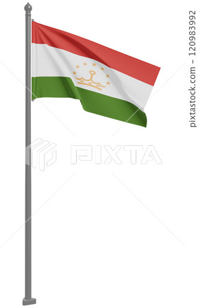 3D illustration of the fluttering flag of the Republic of Tajikistan (front view) 3D illustration of the fluttering flag of the Republic of Tajikistan (front view) 120983992