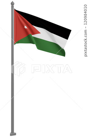 3D illustration of the fluttering flag of the Hashemite Kingdom of Jordan (front view) 3D illustration of the fluttering flag of the Hashemite Kingdom of Jordan (front view) 120984010