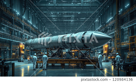 Futuristic assembly hall with engineers and a rocket, industrial design for engineering and aerospace innovation 120984136