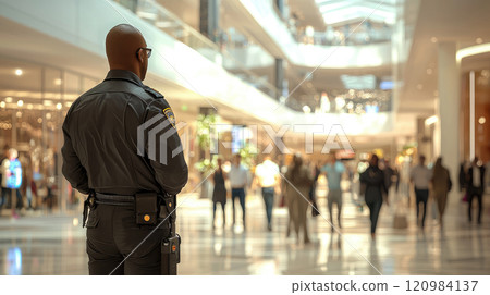 African adult man security guard observing busy shopping mall interior with blurred crowd 120984137