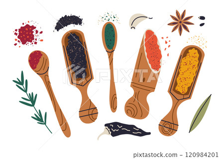 Colorful vector illustration of spices and herbs, doodle set with wooden spoons and scoops, turmeric ground, chili, garlic, and anise. Flat cartoon design, ideal for cooking, food, and kitchen themes 120984201