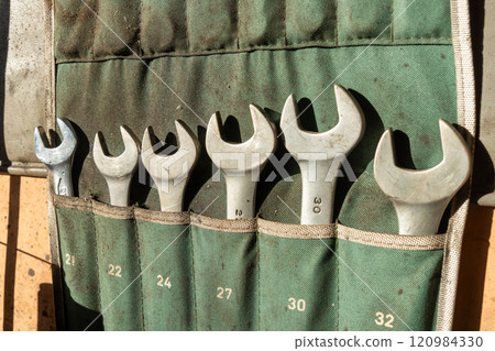 A fabric organizer displays essential tools for car repair in an auto repair shop A fabric organizer displays essential tools for car repair in an auto repair shop 120984330
