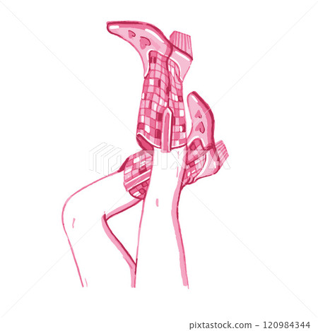 Cowgirl legs in boots, vector watercolor traditional American west footwear, pink female heels print 120984344