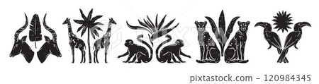 African animal linocut print, vector hand drawn tropical nature logo, giraffe silhouette, monkey.  120984345
