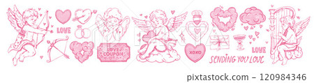 Valentine day cherub print set, vector romantic holiday sticker collection, cute baby angel, cloud.  120984346