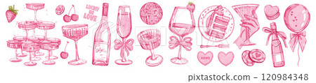 Champagne bachelorette party set, vector watercolor wedding coquettish alcohol beverage, wineglass.  120984348