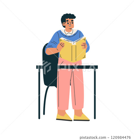 Boy Schoolkid Character in School Sit at Desk Have Lesson Vector Illustration Boy Schoolkid Character in School Sit at Desk Have Lesson Vector Illustration 120984476