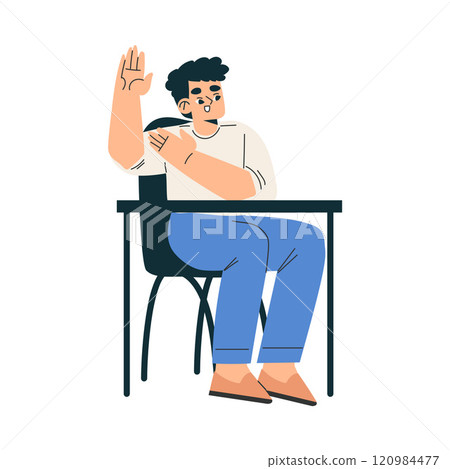 Boy Schoolkid Character in School Sit at Desk Have Lesson Vector Illustration Boy Schoolkid Character in School Sit at Desk Have Lesson Vector Illustration 120984477