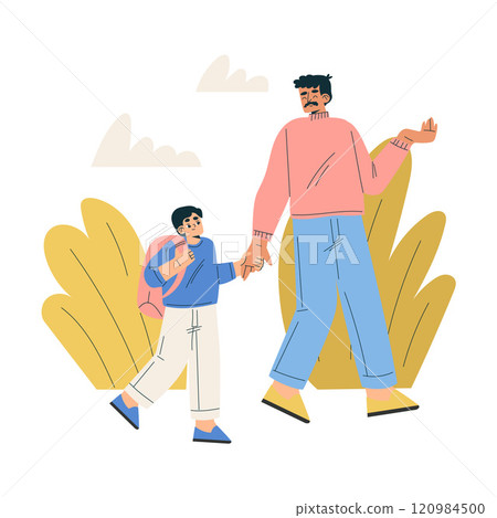 Boy Schoolkid Character Going to School with Dad Vector Illustration 120984500