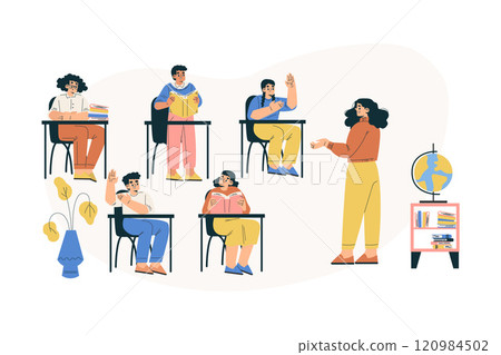 Boy and Girl Schoolkids Character in School Sit at Desk with Teacher in Class Vector Illustration 120984502