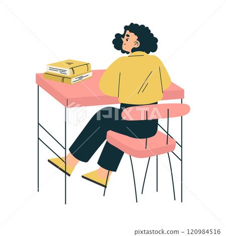 Girl Schoolkid Character in School Sit at Desk Have Lesson Vector Illustration Girl Schoolkid Character in School Sit at Desk Have Lesson Vector Illustration 120984516