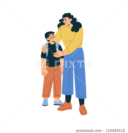 Boy Schoolkid Character Going to School Embrace with Mom Vector Illustration Boy Schoolkid Character Going to School Embrace with Mom Vector Illustration 120984518