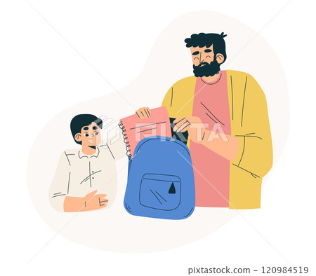 Boy Schoolkid Character Pack Backpack for School with Dad Vector Illustration 120984519