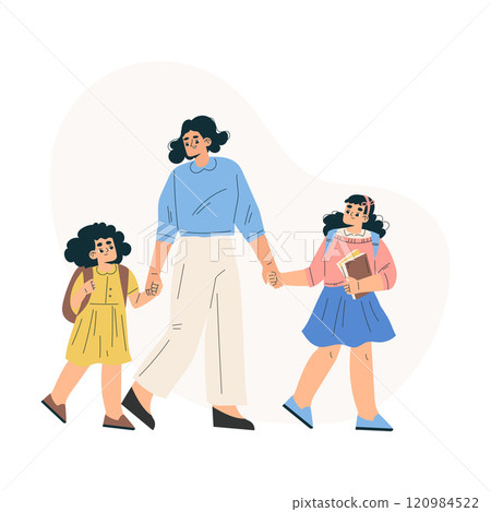 Girl Schoolkids Character Walk to School with Mom Holding Hands Vector Illustration Girl Schoolkids Character Walk to School with Mom Holding Hands Vector Illustration 120984522