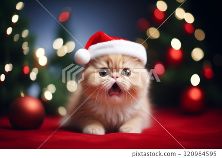 Surprised funny cat in Santa hat sitting with a new year decor in background Surprised funny cat in Santa hat sitting with a new year decor in background 120984595