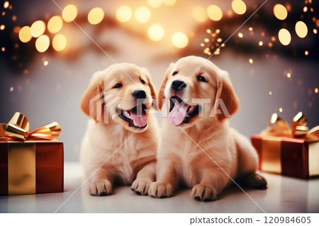 Cute dogs near Christmas gift boxes 120984605