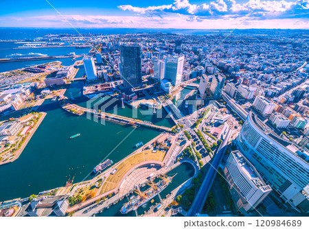 Yokohama cityscape in Japan A summer-like sky spreads out... Overlooking the city of Yokohama. Pacific World at Osanbashi Pier = 8th Yokohama cityscape in Japan A summer-like sky spreads out... Overlooking the city of Yokohama. Pacific World at Osanbashi Pier = 8th 120984689