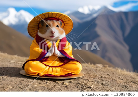 adorable hamster wearing an orange sweater sitting under cherry blossoms with mountains in the background 120984800