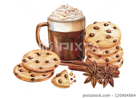 Sweet illustration, hot chocolate cinnamon and cookies with chocolate on isolated background watercolor card for design Sweet illustration, hot chocolate cinnamon and cookies with chocolate on isolated background watercolor card for design 120984864