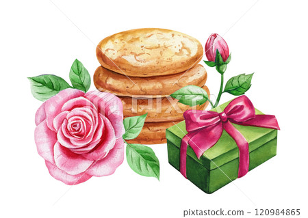Composition with cookies pink rose and leaves, gift, bow. Cozy watercolor holiday illustration for festive card, designs Composition with cookies pink rose and leaves, gift, bow. Cozy watercolor holiday illustration for festive card, designs 120984865