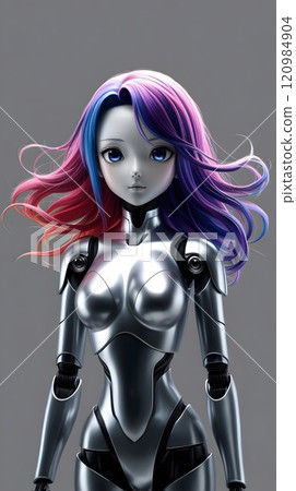 vibrant-haired girl with robotic body in 3d render 120984904