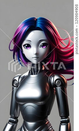 robotic girl with colorful hair isolated on neutral gray 120984908
