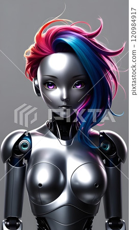 cybernetic girl with robotic body and multicolored hair 120984917