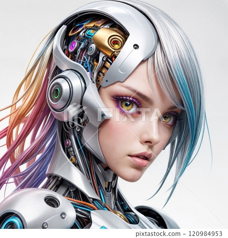 detailed portrait of a futuristic android woman against a white backdrop 120984953