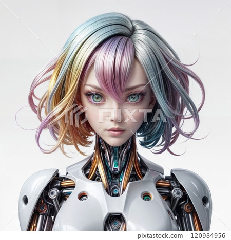 futuristic female robot in close-up against a clean white surface 120984956