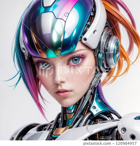 striking close-up of a futuristic female robot on a white backdrop striking close-up of a futuristic female robot on a white backdrop 120984957