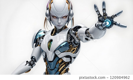 striking android figure with focused expression and hand movement against a white backdrop 120984962