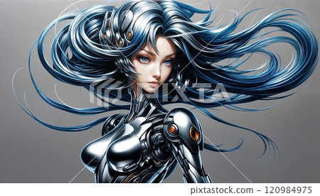 elegant android female with a dreamy expression on gray background 120984975