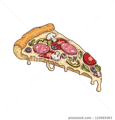 Vibrant hand drawn sketch of pizza slice with detailed shading and bright colors. Melted cheese, pepperoni, mushrooms, olives, basil, and tomatoes on delicious pizza. Engraving vector illustration. 120985063