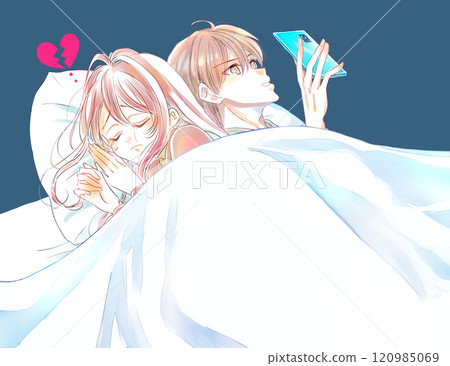 A woman grieving the distance from her partner, tears, bed, smartphone A woman grieving the distance from her partner, tears, bed, smartphone 120985069
