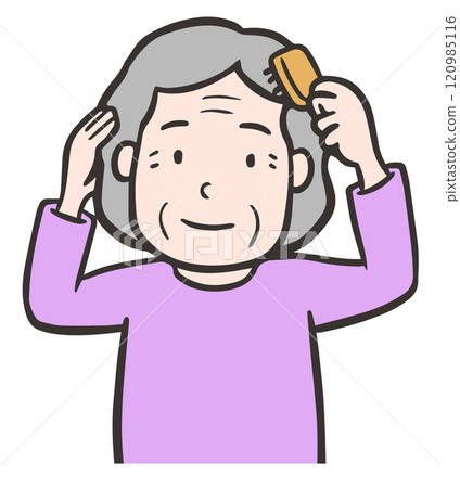 Elderly woman styling her hair with a comb 120985116
