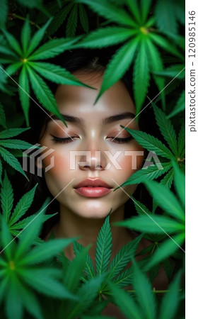 Serene woman surrounded by vibrant green cannabis leaves, evoking nature and tranquility 120985146