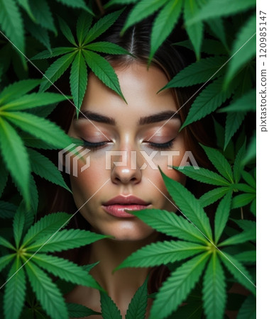 Serene woman surrounded by vibrant green cannabis leaves, evoking nature and tranquility 120985147