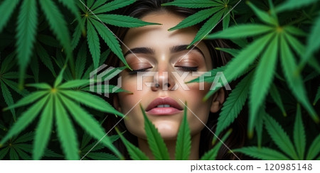 Serene woman surrounded by vibrant green cannabis leaves, evoking nature and tranquility Serene woman surrounded by vibrant green cannabis leaves, evoking nature and tranquility 120985148