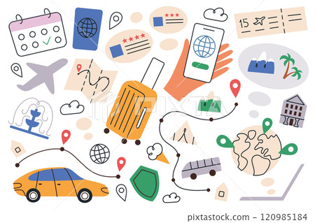 Vector illustration set, traveling app icons, suitcase, taxi, airplane, passport, doodles of tickets, hotel reviews, and online travel platforms. Flat cartoon design for tourism and vacation planning Vector illustration set, traveling app icons, suitcase, taxi, airplane, passport, doodles of tickets, hotel reviews, and online travel platforms. Flat cartoon design for tourism and vacation planning 120985184